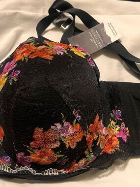 Floral Lace Underwire Bra - dark blue with Multicolor Embroidery